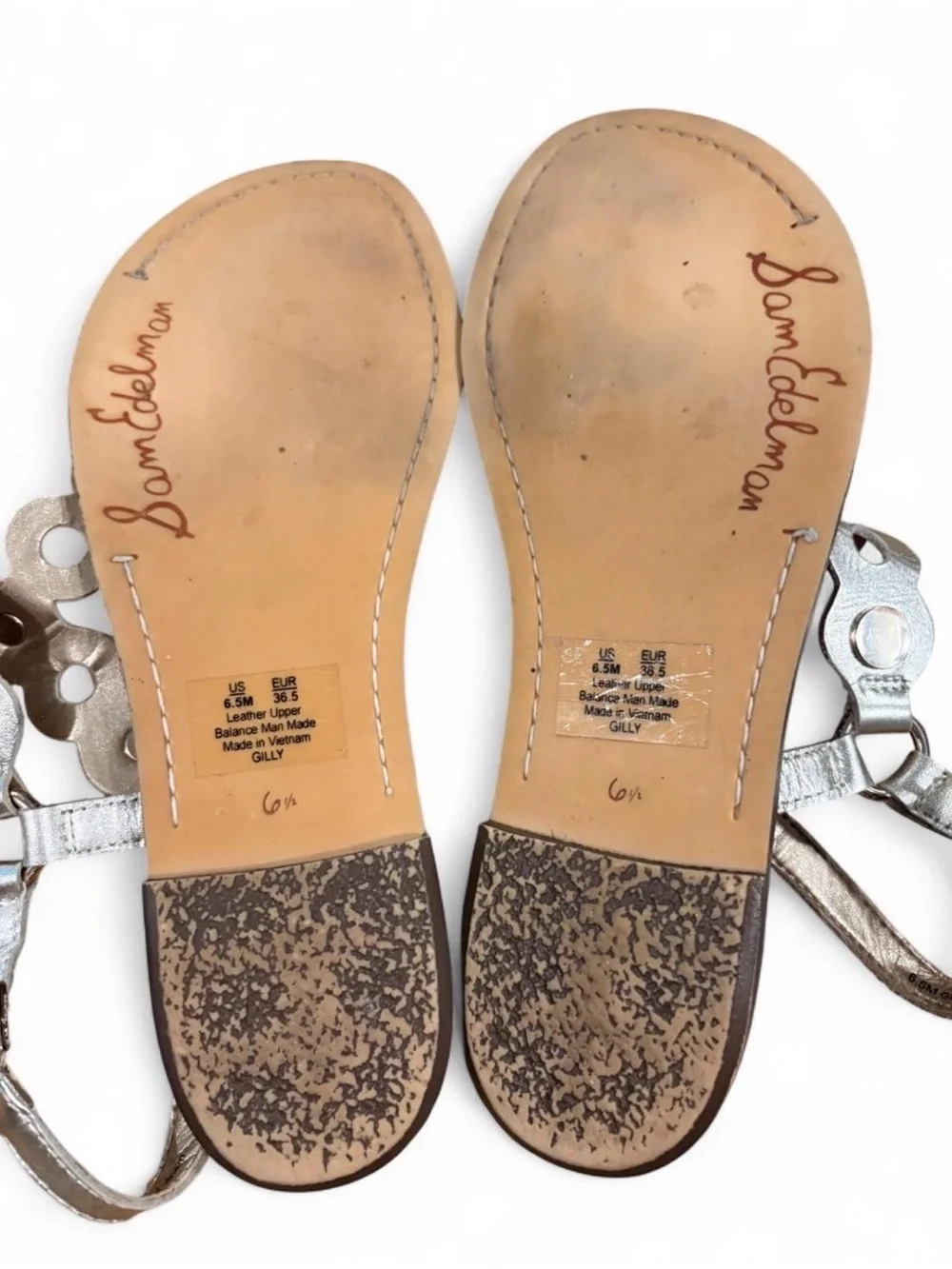 Sam Edelman Gilly Sandals Womens 6.5 Silver Metallic Leather Cork Flat Sandals